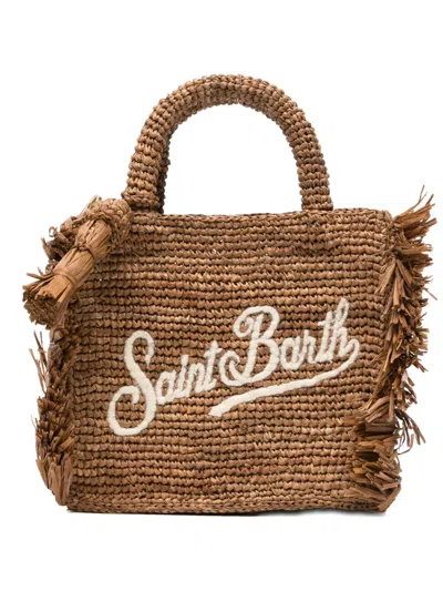 Mc2 Saint Barth Mini Fringed Raffia Tote Bag In Brown