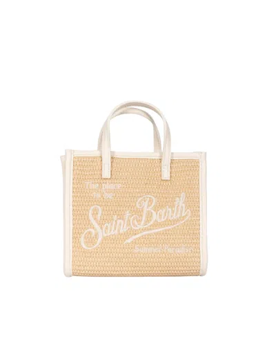 Mc2 Saint Barth Mini Tote Bag In Beige Straw-effect Material With Contrasting Handles In Nude
