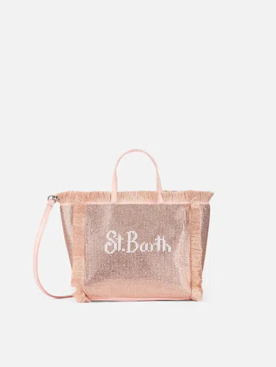 Mc2 Saint Barth Mini Vanity Fringed Bag With Rose Gold Rhinestones In Pink