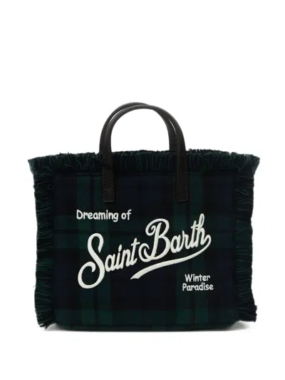 Mc2 Saint Barth Mini Vanity Fringed-edge Tartan-pattern Tote Bag In Green