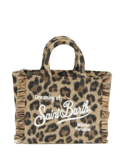 Mc2 Saint Barth Mini Vanity Leopard-print Fringe Tote Bag In Brown