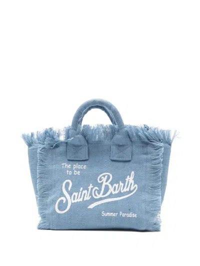 Mc2 Saint Barth Mini Vanity Linen Frayed Logo-print Tote Bag In Blue