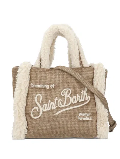 Mc2 Saint Barth Mini Vanity Shearling Embroidered-logo Tote Bag In Brown