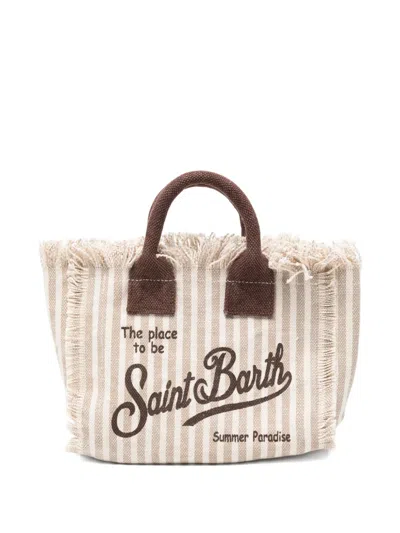 Mc2 Saint Barth Mini Vanity Striped Frayed-edge Tote Bag In White