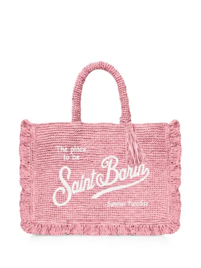 Mc2 Saint Barth Mini Voalnt Fringed Raffia Tote Bag In Pink