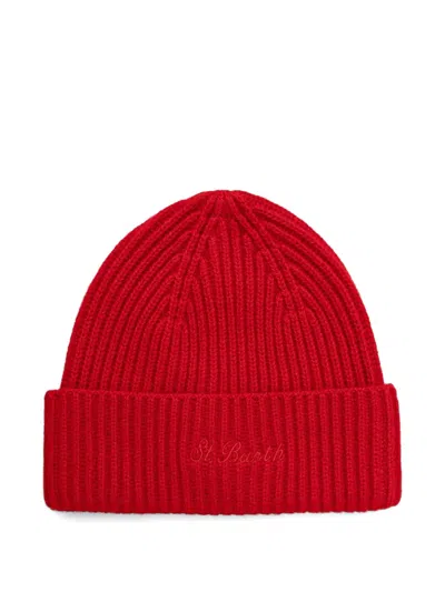 Mc2 Saint Barth Moss Ribbed-knit Embroidered Beanie Hat In Red