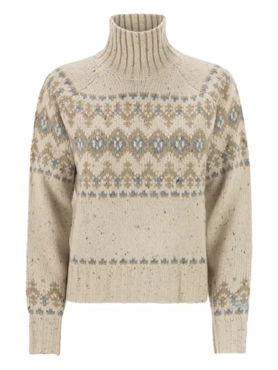 Mc2 Saint Barth Fair Isle Knit Sweater With Ribbed Turtleneck In Neutral