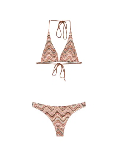 Mc2 Saint Barth Naomi Sequin-embellished Zigzag-knit Bikini In Brown