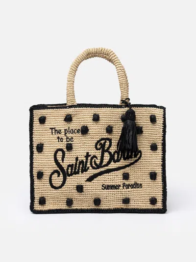 Mc2 Saint Barth Natural Beige Colette Raffia Handbag With Polka Dot Appliqués In Black