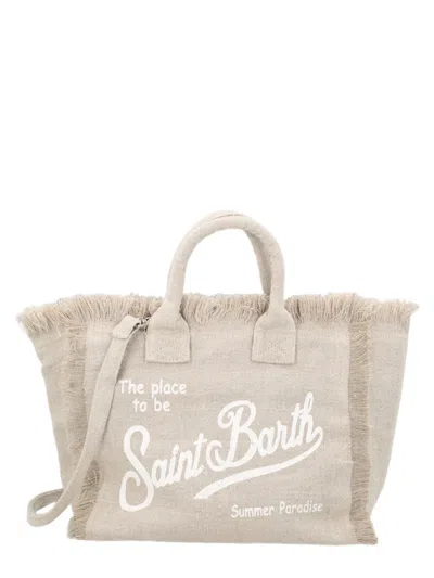 Mc2 Saint Barth Natural Beige Fringed Linen Tote Bag In White