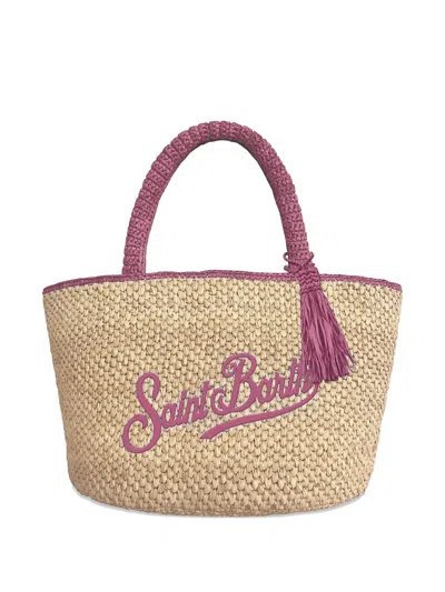 Mc2 Saint Barth Natural Straw Pink Trim Tote Bag In Nude