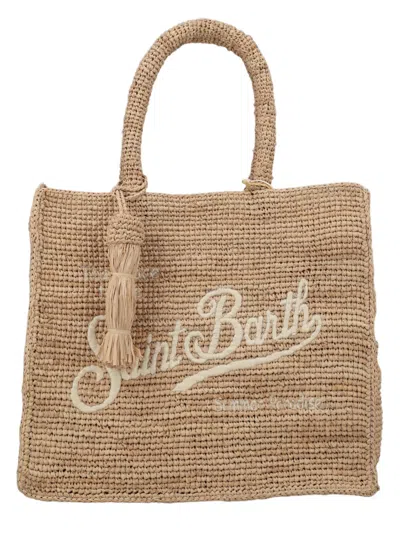 Mc2 Saint Barth Natural Woven Raffia Tassel Tote Bag In Beige