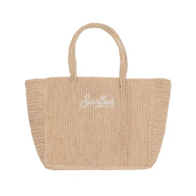 Mc2 Saint Barth Natural Woven Tote Bag With Embroidered Logo In Beige