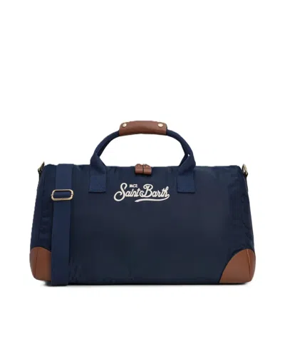 Mc2 Saint Barth Navy Blue Duffle Bag With Brown Leather Accents