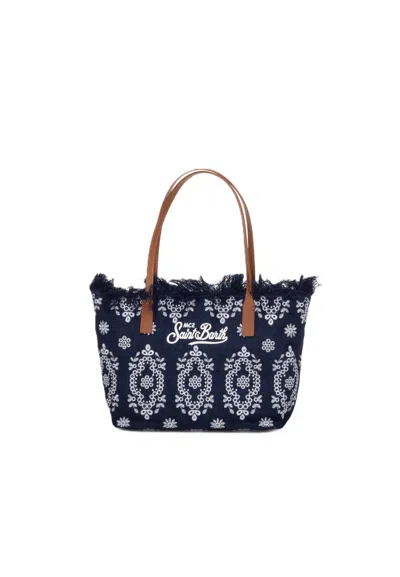 Mc2 Saint Barth Navy Blue Rectangular Tote Bag With Embroidered Details In Multi