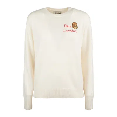 Mc2 Saint Barth New Queen Sweater In White Cashmere Blend With Embroidery I Hate Candied Fruit In Multi