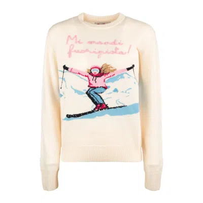 Mc2 Saint Barth New Queen White Cashmere Blend Sweater With Postcard Jacquard And Embroidery In Multi