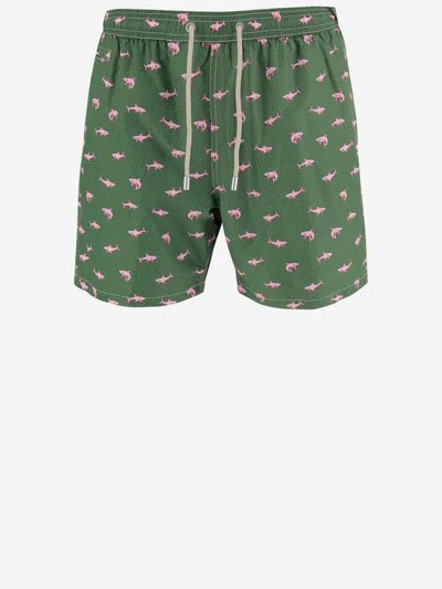 Mc2 Saint Barth Nylon Swimsuit With Fantasy Pattern In Green