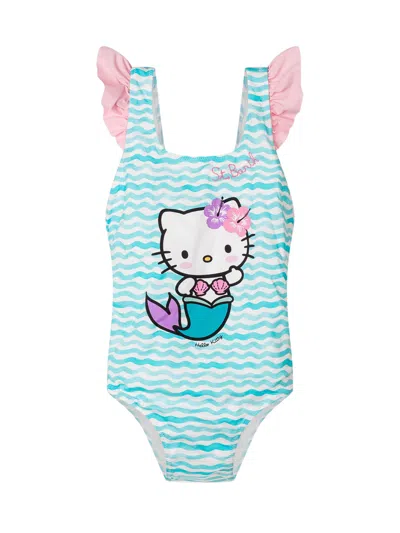 Mc2 Saint Barth One-piece Swimsuit With Ruched Spaghetti Straps And Print In Blue