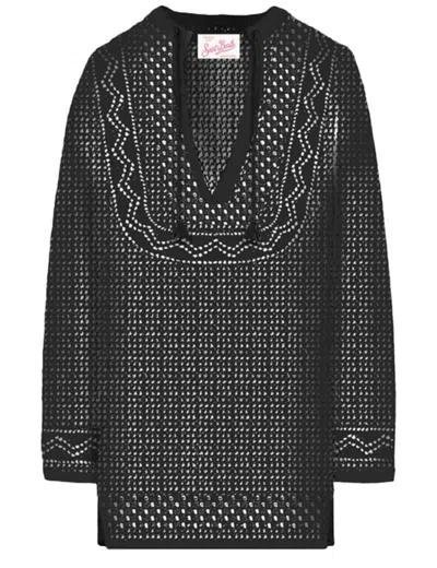 Mc2 Saint Barth Openwork Mesh Tunic With V-neck In Black