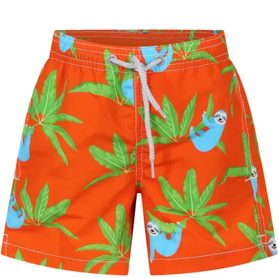 Mc2 Saint Barth Kids' Orange Swim Shorts For Boy With Sloth Print