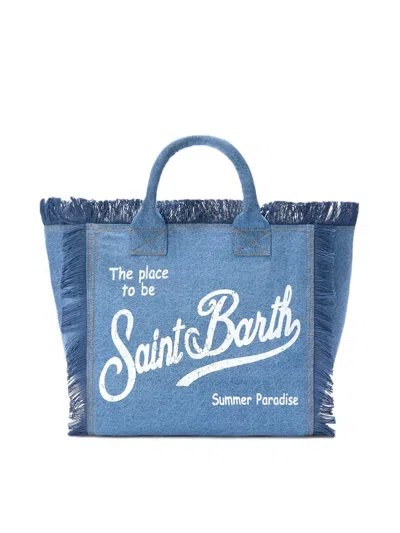 Mc2 Saint Barth Oversized Denim Tote Bag With Frayed Edges In Blue