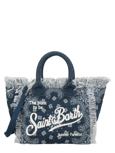 Mc2 Saint Barth Paisley Print Canvas Tote With Frayed Edges In Blue