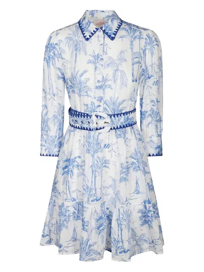 Mc2 Saint Barth Palm-print Belted Dress In Blue