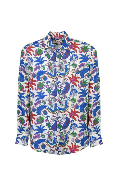 Mc2 Saint Barth Pamplona Linen Shirt With Floral Print In Bianco/blu