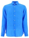 Mc2 Saint Barth Man Watercolor Bluette Linen Shirt Pamplona In Blue