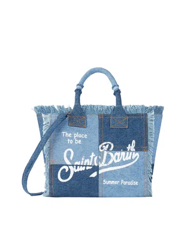 Mc2 Saint Barth Patchwork Denim Tote Bag With Frayed Edges And Internal Zip Pocket In Blue