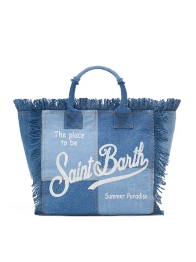 Mc2 Saint Barth Patchwork Denim Tote Bag With Fringed Edges In Blue