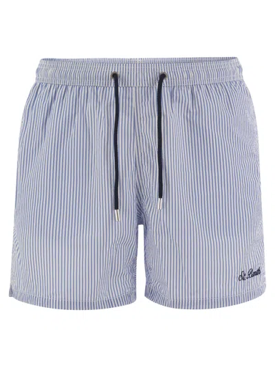 Mc2 Saint Barth Patmos - Striped Beach Shorts In White/blue