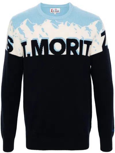 Mc2 Saint Barth Patterned-intarsia Panelled Jumper In Blue