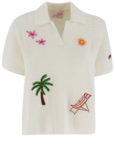 Mc2 Saint Barth Perforated Knit Polo Shirt In White