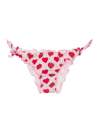 Mc2 Saint Barth Pink And Red Bikini Bottom With Strawberry Print In Stretch Fabric Baby In Multicolor