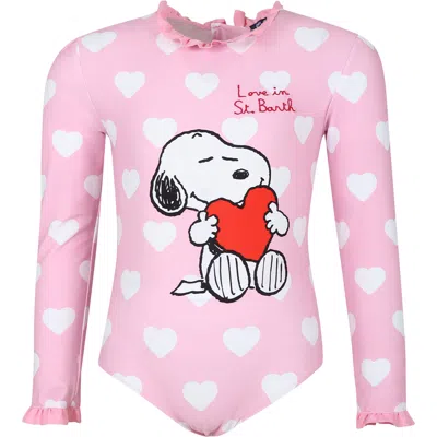 Mc2 Saint Barth Kids' Pink Anti-uv Swimsuit For Girl With Snoopy Print