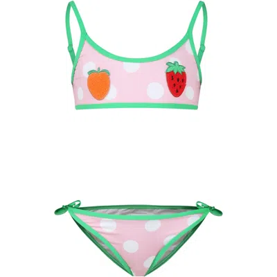 Mc2 Saint Barth Kids' Pink Bikini For Girl With Frutits And Polka Dots