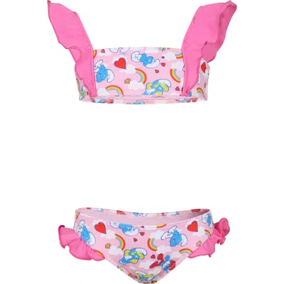 Mc2 Saint Barth Kids' Pink Bikini For Girl With Smurfs Print
