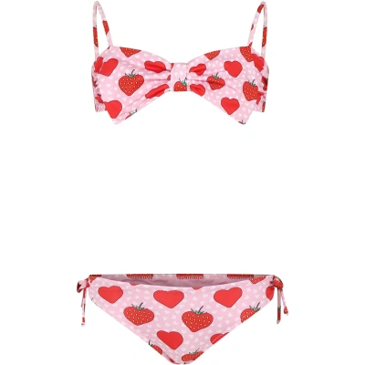 Mc2 Saint Barth Kids' Pink Bikini For Girl With Strawberries And Hearts