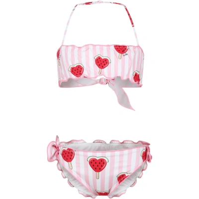 Mc2 Saint Barth Kids' Pink Bikini For Girl With Strawberries And Hearts