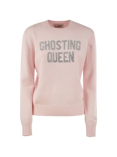 Mc2 Saint Barth Pink New Queen Crewneck Knit With Ghosting Queen Rhinestone-embroidery