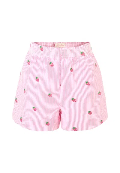 Mc2 Saint Barth Kids' Pink Shorts For Girl With Embroidered Fuchsia Strawberries