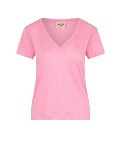 Mc2 Saint Barth Pink V-neck T-shirt With Logo