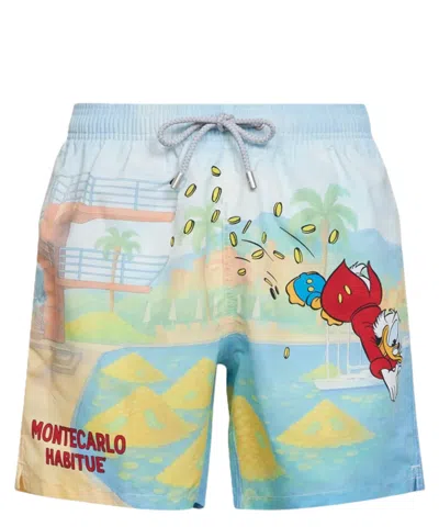 Mc2 Saint Barth Playful Cartoon Print Swim Shorts With Adjustable Drawstring In Blue