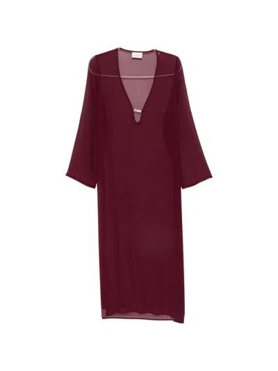 Mc2 Saint Barth Sheer Long-sleeved Cover-up Dress With Deep V-neckline In Burgundy