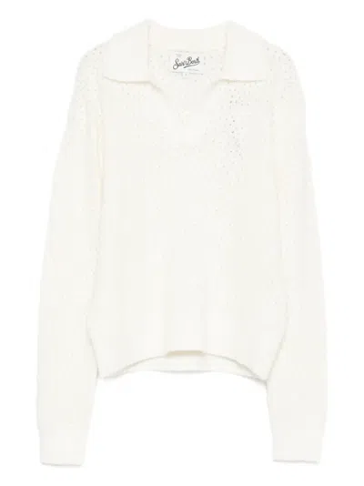 Mc2 Saint Barth Pointelle V-neck Sweater In Neutral