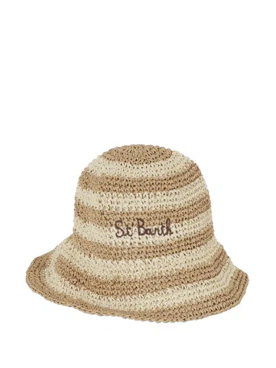 Mc2 Saint Barth Polly Striped Crochet Bucket Hat In Brown