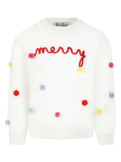 Mc2 Saint Barth Kids' Pompom Sweater In White