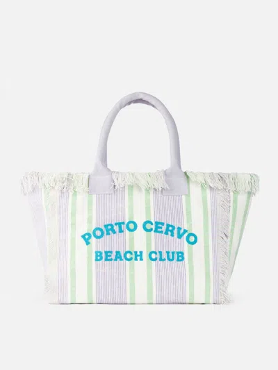 Mc2 Saint Barth Porto Cervo Beach Club Striped Cotton Canvas Vanity Tote Bag In Blue